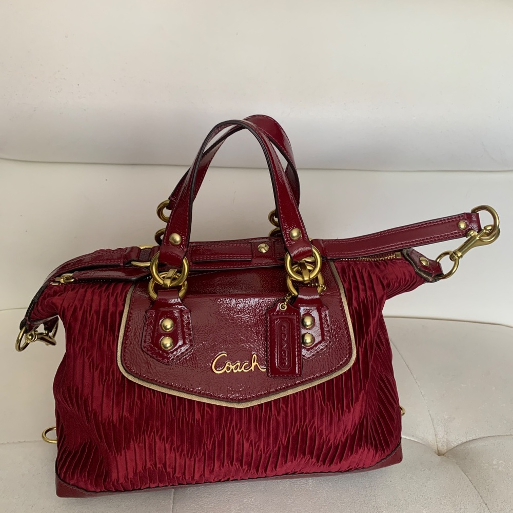 Coach Ashley Gathered Satin and Patent Leather Satchel in Bordeaux Med. Burgundy - Picture 9 of 16